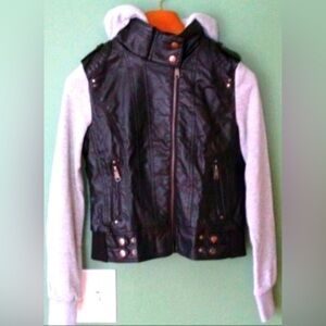 New Windsor Sz M Youth biker black faux leather fleece hooded moto casual jacket